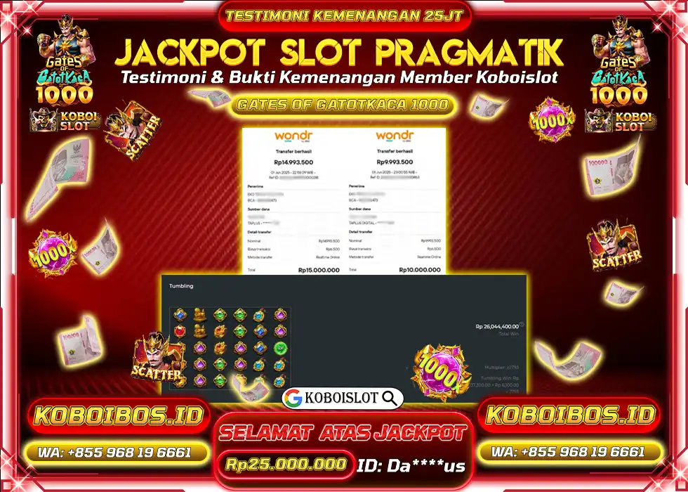 BUKTI KEMENANGAN SLOT GACOR GATES OF GATOTKACA 1000 Rp25.000.000,- LUNAS