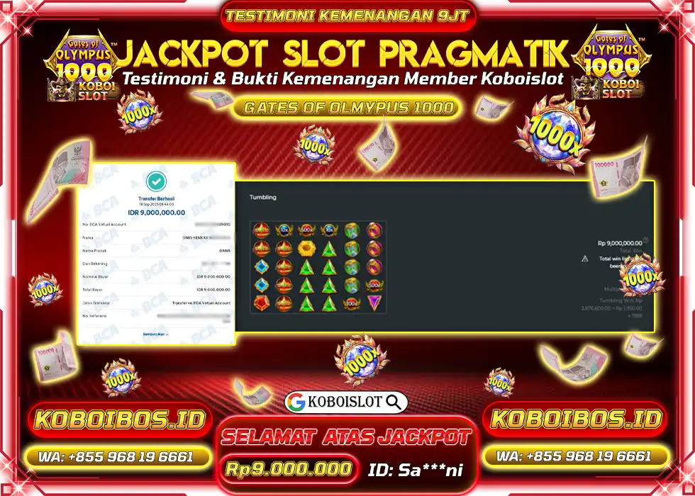 BUKTI KEMENANGAN Sa*** SLOT GACOR GATES OF OLYMPUS 1000 Rp9.000.000,- LUNAS