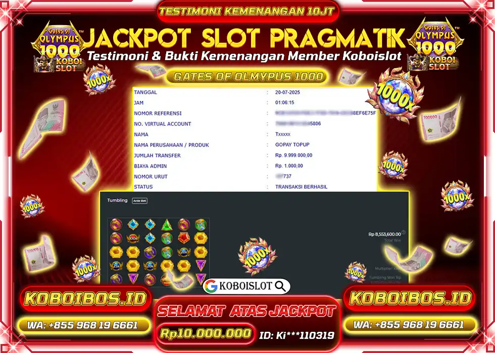 BUKTI KEMENANGAN Ki*** SLOT GACOR GATES OF OLYMPUS 1000 Rp10.000.000,- LUNAS