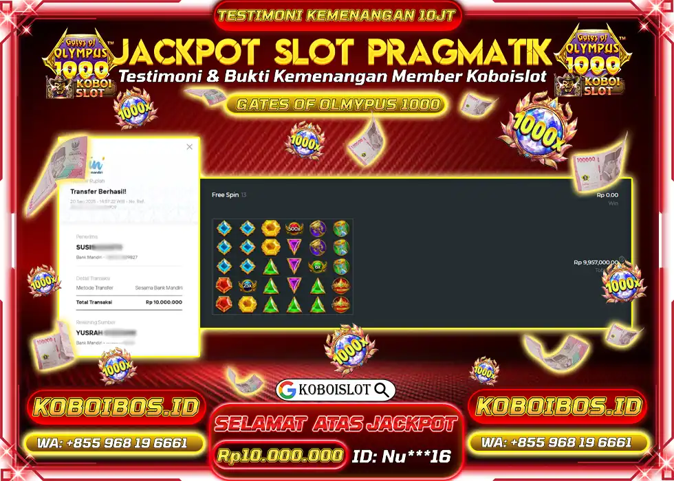 BUKTI KEMENANGAN Nu*** SLOT GACOR GATES OF OLYMPUS 1000 Rp10.000.000,- LUNAS
