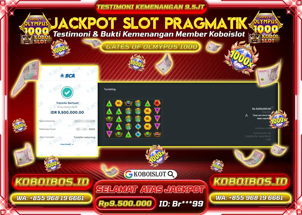 BUKTI KEMENANGAN Br*** SLOT GACOR GATES OF OLYMPUS 1000 Rp9.500.000,- LUNAS