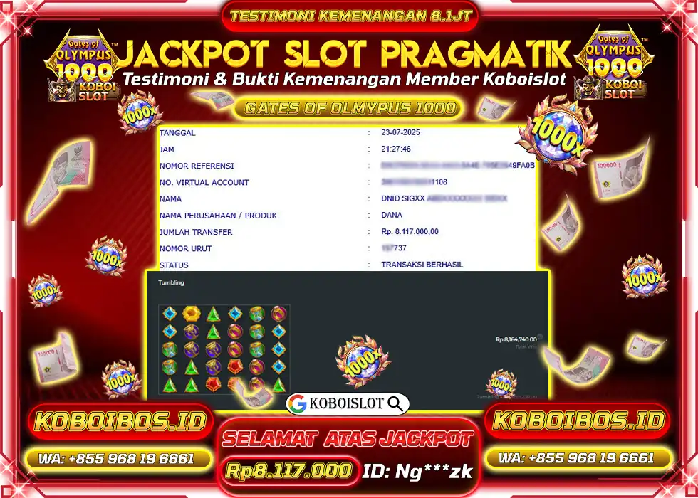 BUKTI KEMENANGAN SLOT GACOR GATES OF OLYMPUS 1000 Rp8.117.000,- LUNAS