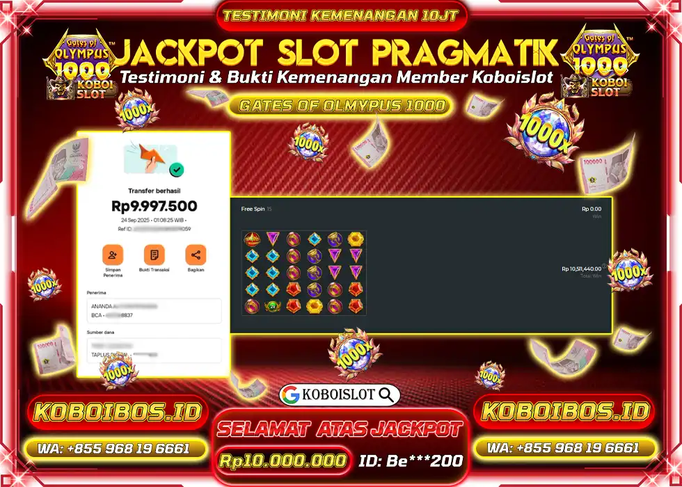 BUKTI KEMENANGAN Be*** SLOT GACOR GATES OF OLYMPUS 1000 Rp10.000.000,- LUNAS