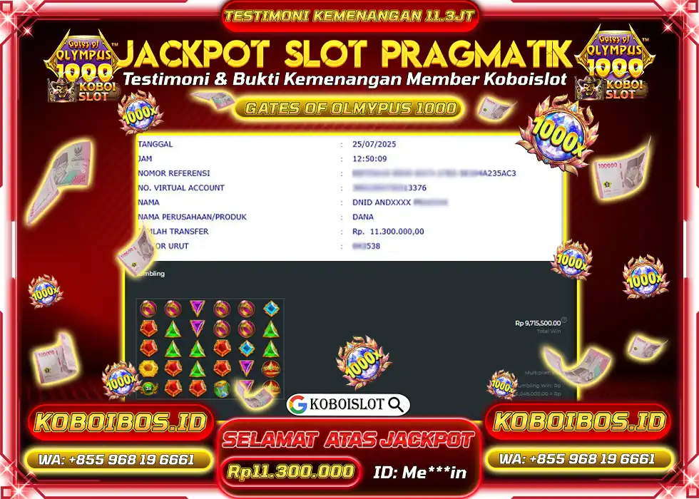 BUKTI KEMENANGAN SLOT GACOR GATES OF OLYMPUS 1000 Rp11.300.000,- LUNAS