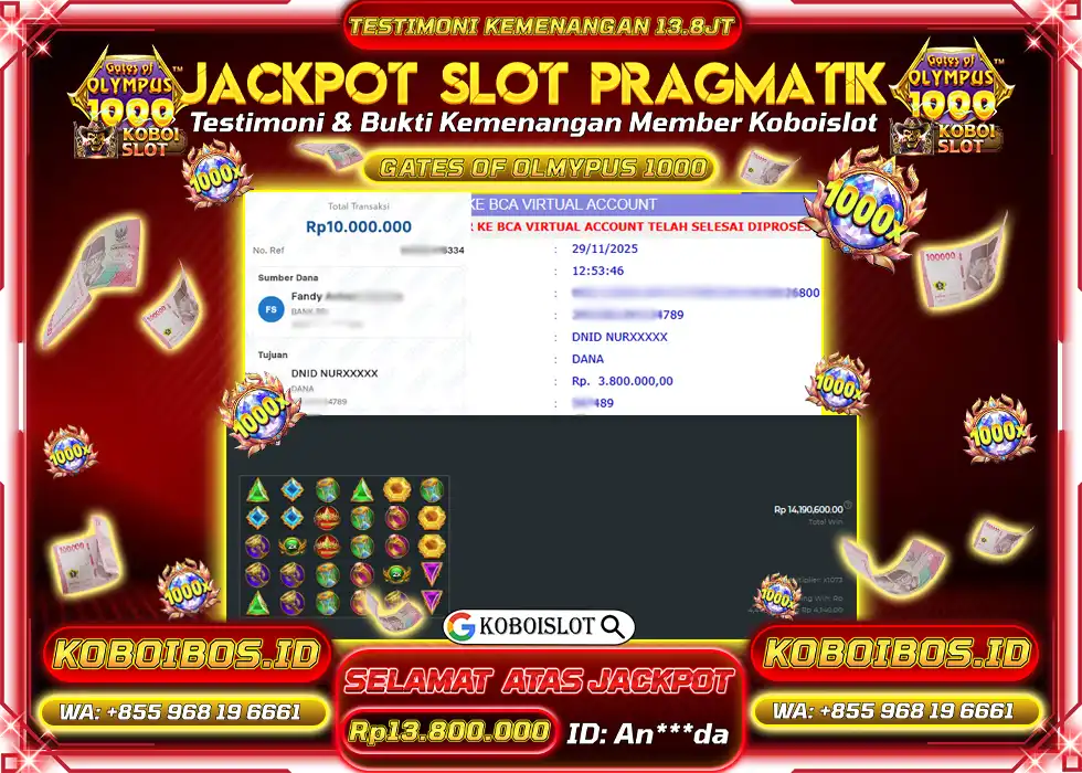 BUKTI KEMENANGAN SLOT GACOR GATES OF OLYMPUS 1000 Rp13.800.000,- LUNAS
