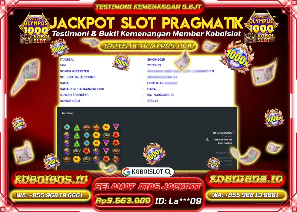 BUKTI KEMENANGAN SLOT GATES OF OLYMPUS 1000 Rp9.663.000,- LUNAS