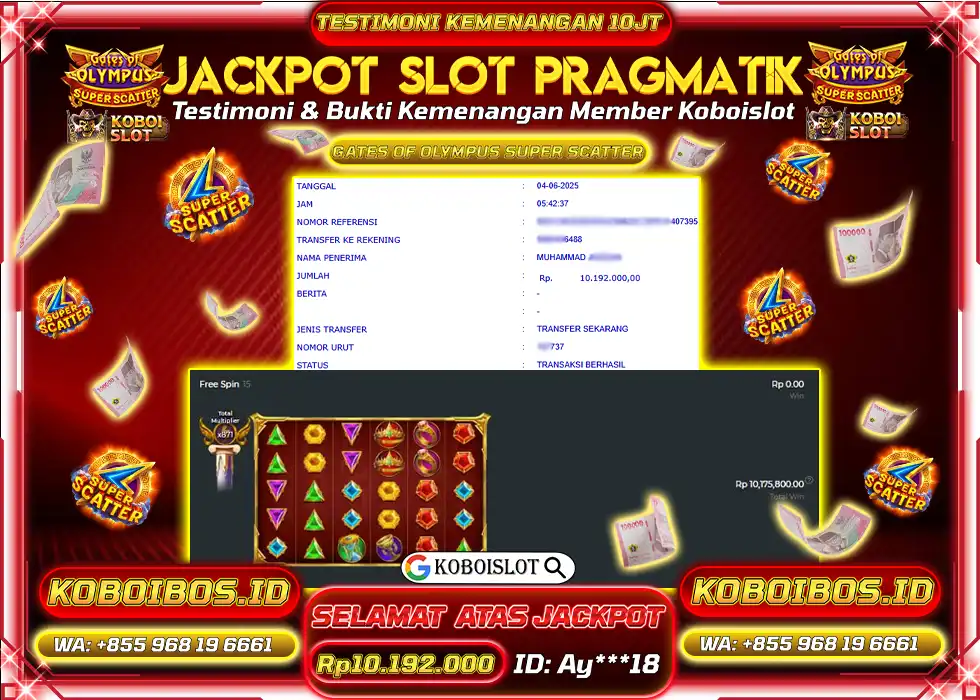 BUKTI KEMENANGAN SLOT GACOR GATES OF OLYMPUS SUPER SCATTER Rp10.192.000,- LUNAS