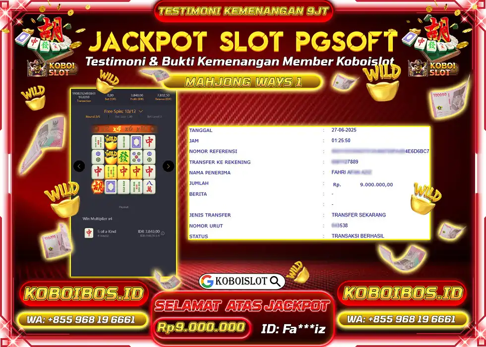 BUKTI KEMENANGAN SLOT GACOR MAHJONG WAYS 1 Fa*** Rp9.000.000,- LUNAS