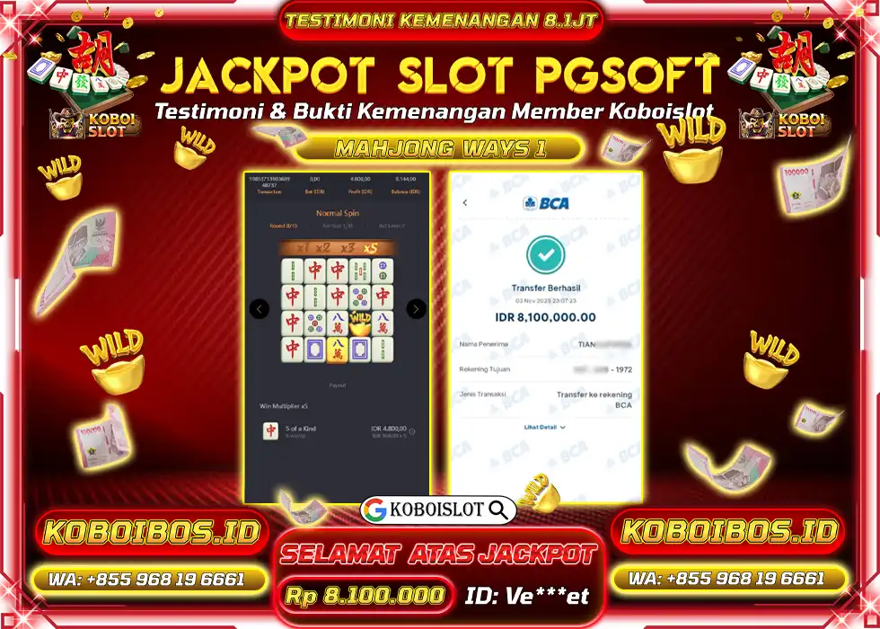 BUKTI KEMENANGAN Ve*** SLOT GACOR MAHJONG WAYS 1 Rp8.100.000,- LUNAS
