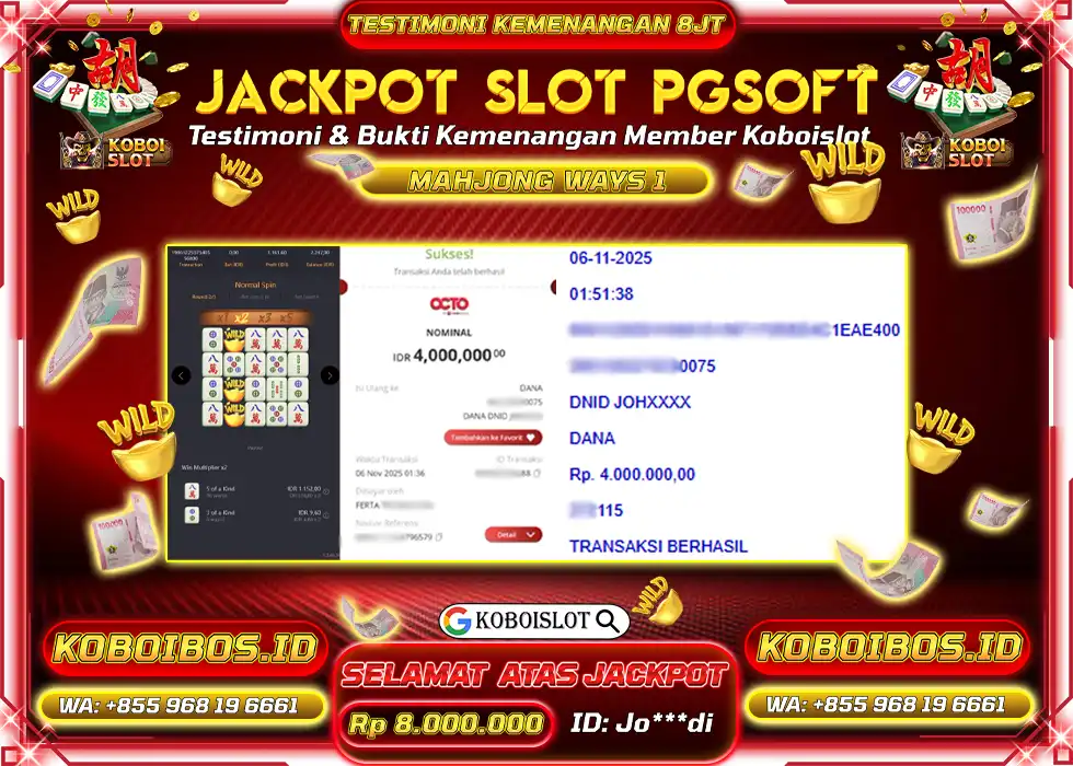 BUKTI KEMENANGAN Jo*** SLOT GACOR MAHJONG WAYS 1 Rp8.000.000,- LUNAS