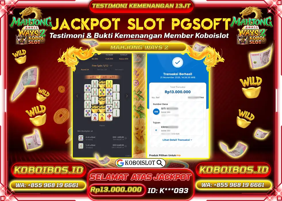 BUKTI KEMENANGAN K*** SLOT GACOR MAHJONG WAYS 2 Rp13.000.000,- LUNAS