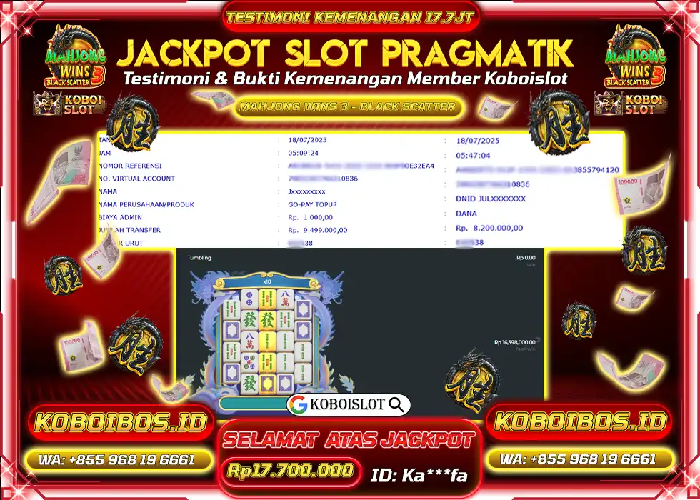 BUKTI KEMENANGAN SLOT GACOR MAHJONG WINS 3 – BLACK SCATTER Rp17.700.000,- LUNAS