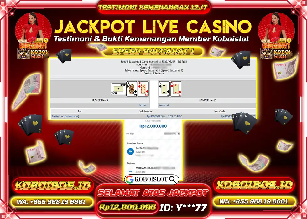 BUKTI KEMENANGAN LIVE CASINO SPEED BACCARAT 1 Rp12.000.000,- LUNAS