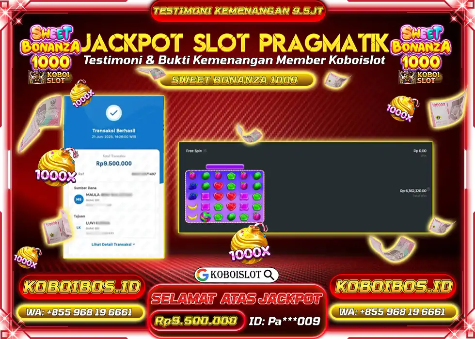 BUKTI KEMENANGAN SLOT GACOR SWEET BONANZA 1000 Pa*** Rp9.500.000,- LUNAS