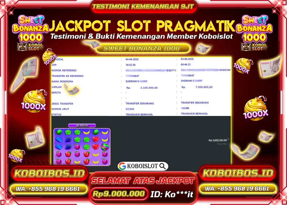 BUKTI KEMENANGAN SLOT GACOR SWEET BONANZA 1000 Rp9.000.000,- LUNAS