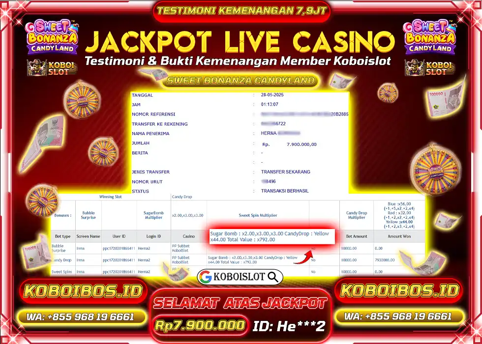 BUKTI KEMENANGAN LIVE CASINO SWEET BONANZA CANDYLAND Rp7.900.000,- LUNAS