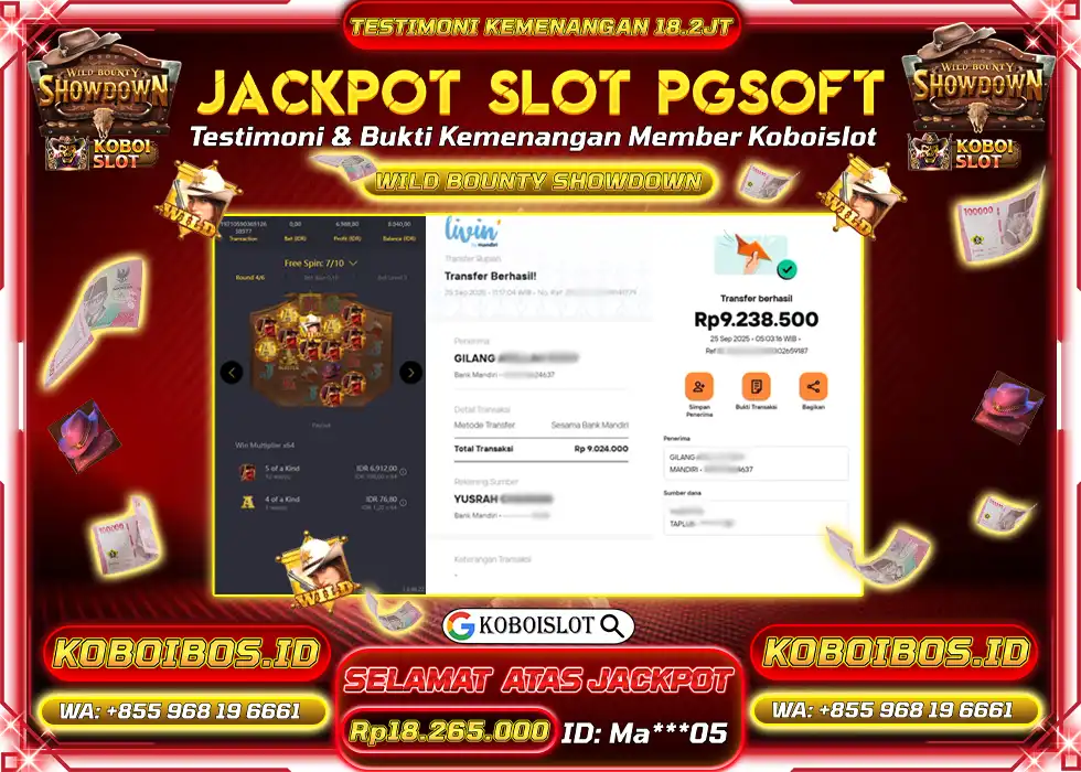 BUKTI KEMENANGAN SLOT GACOR WILD BOUNTY SHOWDOWN Rp18.265.000,- LUNAS